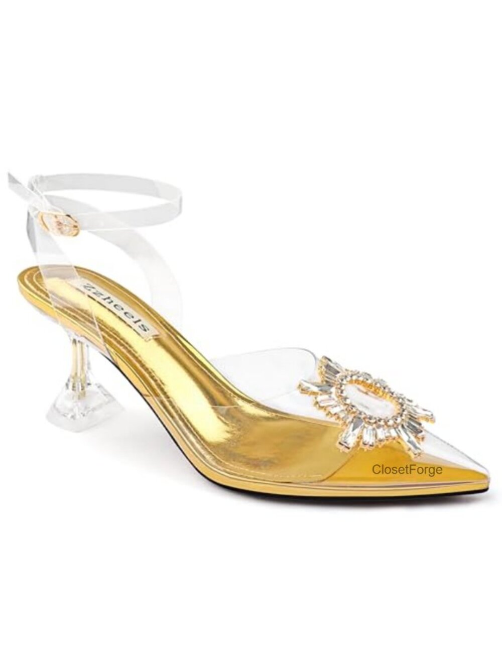 Clear Heels for Women Pointed Toe Rhinestone Pumps with Ankle Strap (Faux